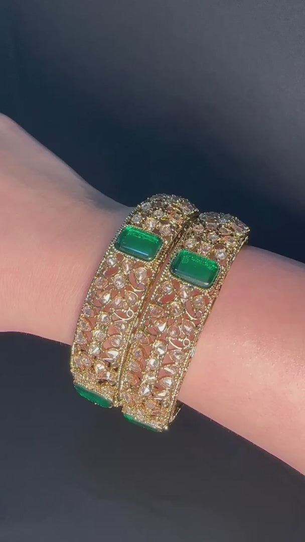 Gold pair of Karas with green stone from Lylahs Jewellery - Close Up Video 